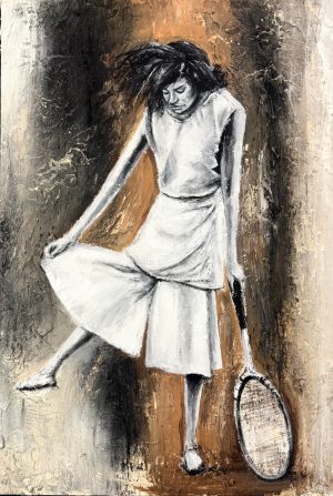 IMG_4098 Obra de arte abstracta, estilo expresionista, representando una tenista con una raqueta sobre un fondo texturizado.