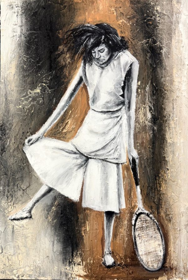 IMG_4098 Obra de arte abstracta, estilo expresionista, representando una tenista con una raqueta sobre un fondo texturizado.